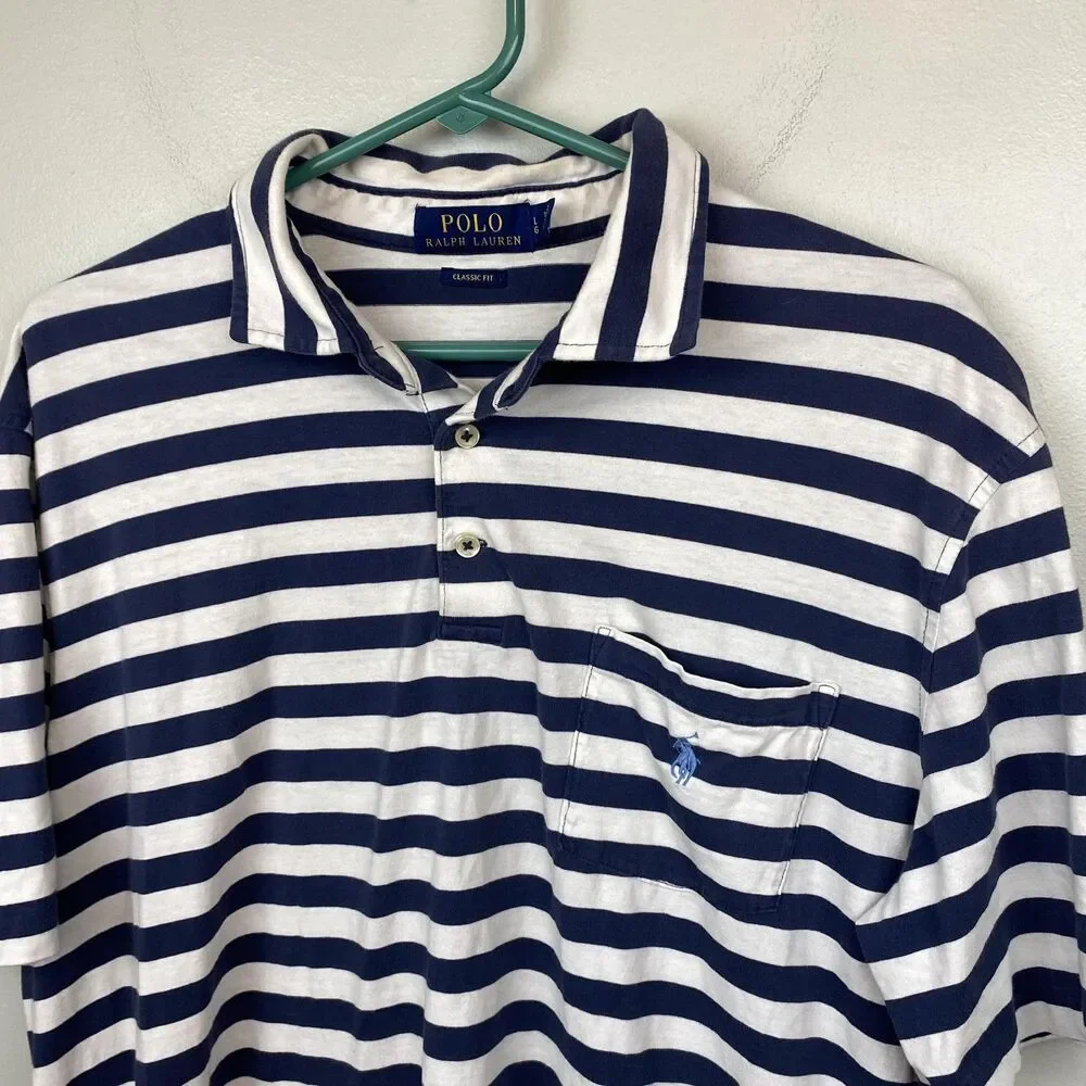 Polo Ralph Lauren Shirt Mens Large Blue White Striped Classic‎ Fit Pocket Pony